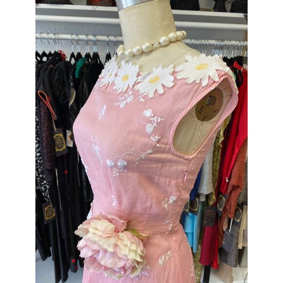Vintage style pink organza dress applique daisies easter spring wedding s/m 28 - Picture 7 of 12